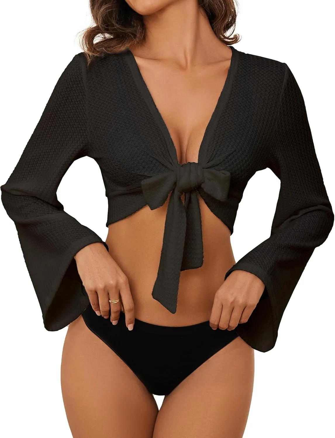 YYA Women's Lightweight Ribbed Cardigan Tie-Front Beach Cover Up with Long Sleeves for Summer Outfits S-XL