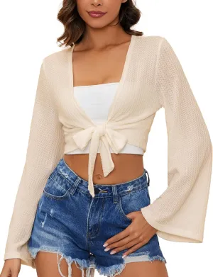 YYA Women's Lightweight Ribbed Cardigan Tie-Front Beach Cover Up with Long Sleeves for Summer Outfits S-XL