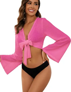 YYA Women's Lightweight Ribbed Cardigan Tie-Front Beach Cover Up with Long Sleeves for Summer Outfits S-XL