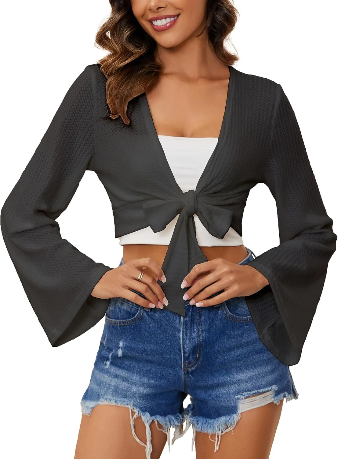 YYA Women's Lightweight Ribbed Cardigan Tie-Front Beach Cover Up with Long Sleeves for Summer Outfits S-XL