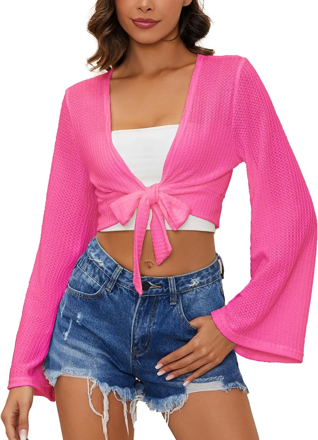 YYA Women's Lightweight Ribbed Cardigan Tie-Front Beach Cover Up with Long Sleeves for Summer Outfits S-XL