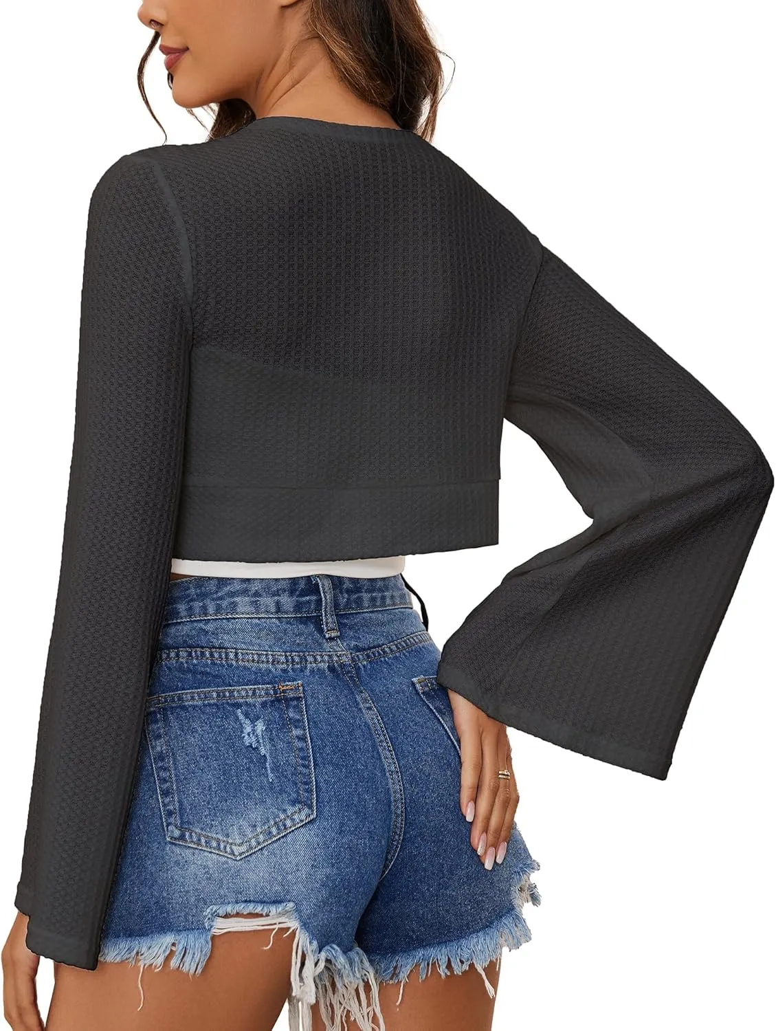 YYA Women's Lightweight Ribbed Cardigan Tie-Front Beach Cover Up with Long Sleeves for Summer Outfits S-XL
