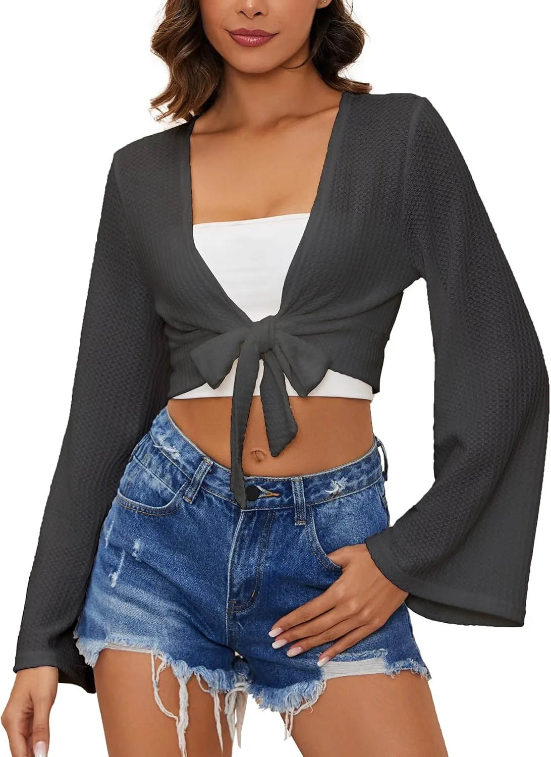 YYA Women's Lightweight Ribbed Cardigan Tie-Front Beach Cover Up with Long Sleeves for Summer Outfits S-XL