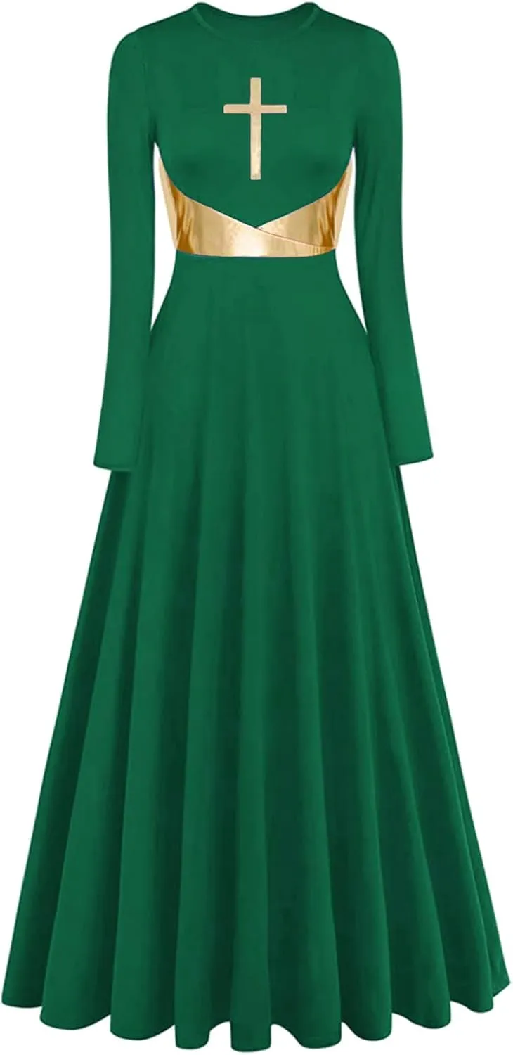 Z&X Praise Dance Modern Worship Liturgical Long Dresses for Women Metallic Color Block Church Robe Lyrical Dancewear