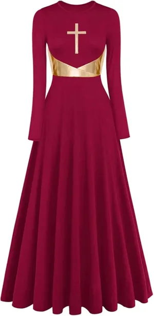 Z&X Praise Dance Modern Worship Liturgical Long Dresses for Women Metallic Color Block Church Robe Lyrical Dancewear