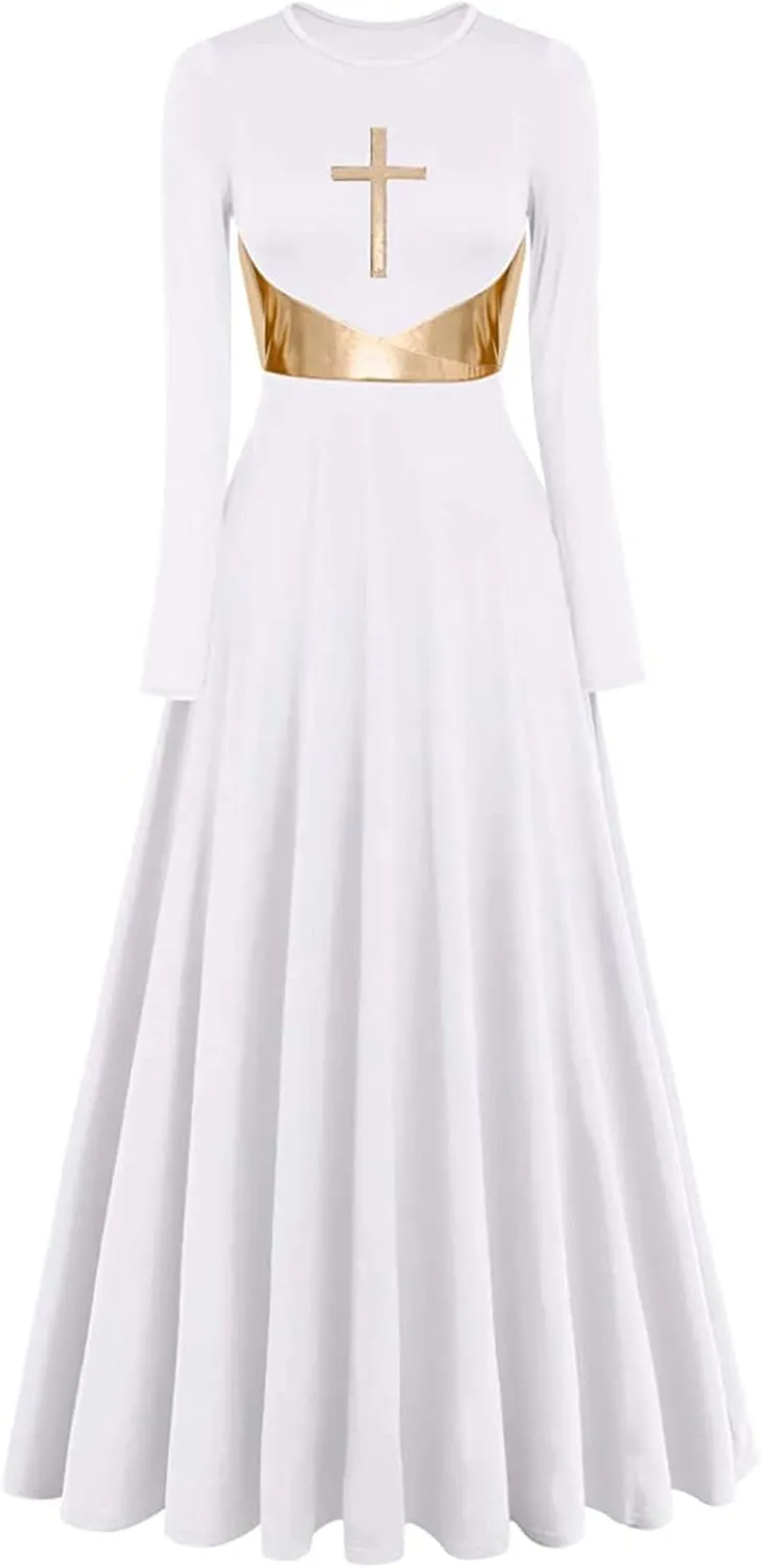 Z&X Praise Dance Modern Worship Liturgical Long Dresses for Women Metallic Color Block Church Robe Lyrical Dancewear