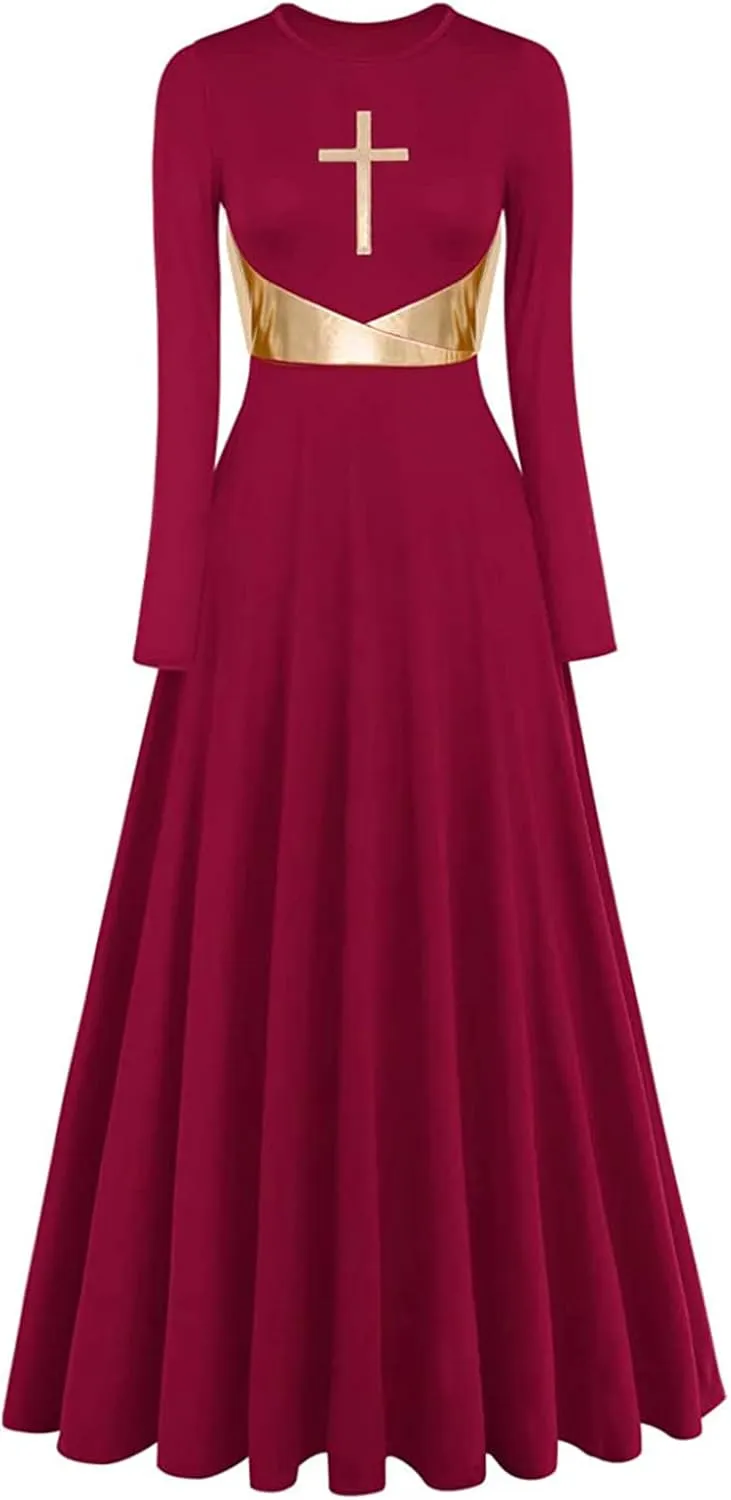 Z&X Praise Dance Modern Worship Liturgical Long Dresses for Women Metallic Color Block Church Robe Lyrical Dancewear