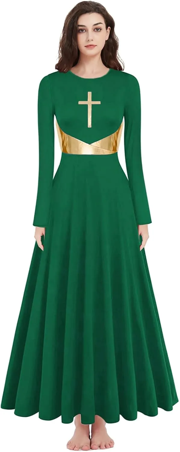 Z&X Praise Dance Modern Worship Liturgical Long Dresses for Women Metallic Color Block Church Robe Lyrical Dancewear