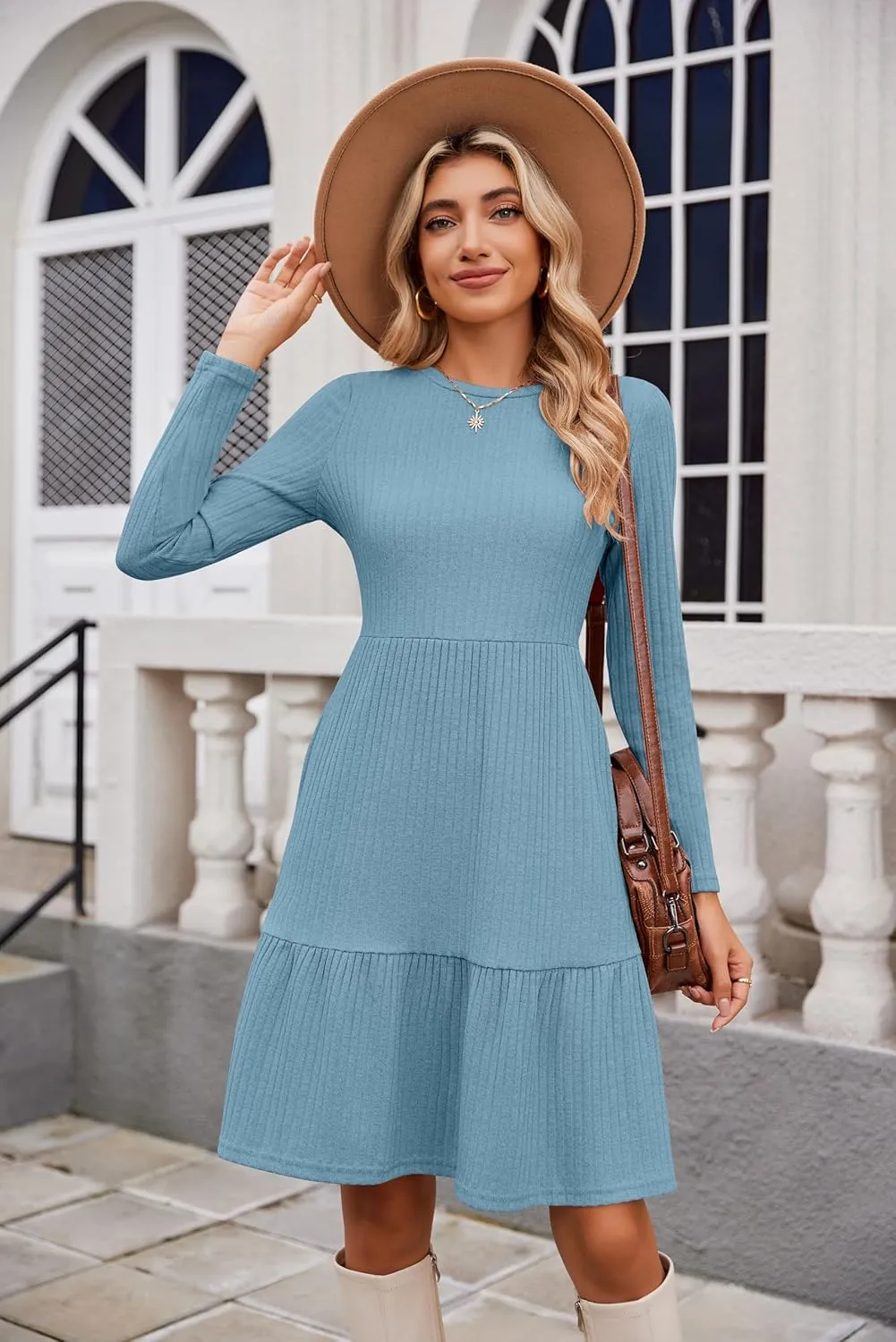 Zeagoo Womens Long Sleeve Fall Dresses with Pockets 2024 Ribbed Knit Casual Crew Neck Knee Length Sweater Dress