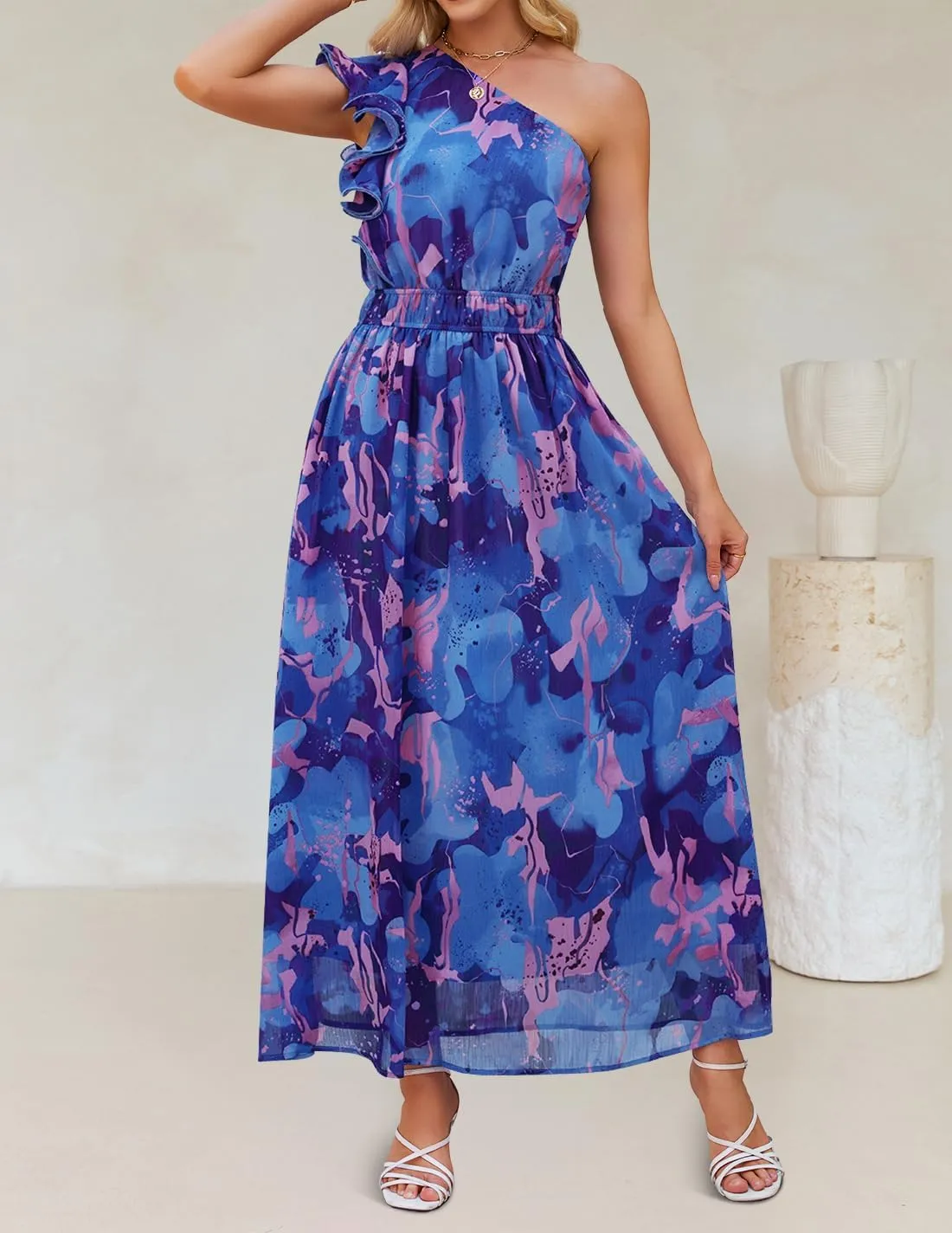 ZESICA Women's 2025 Boho Floral Sleeveless Maxi Dress Ruffle One Shoulder Elatsic High Waist Beach Party Long Dresses