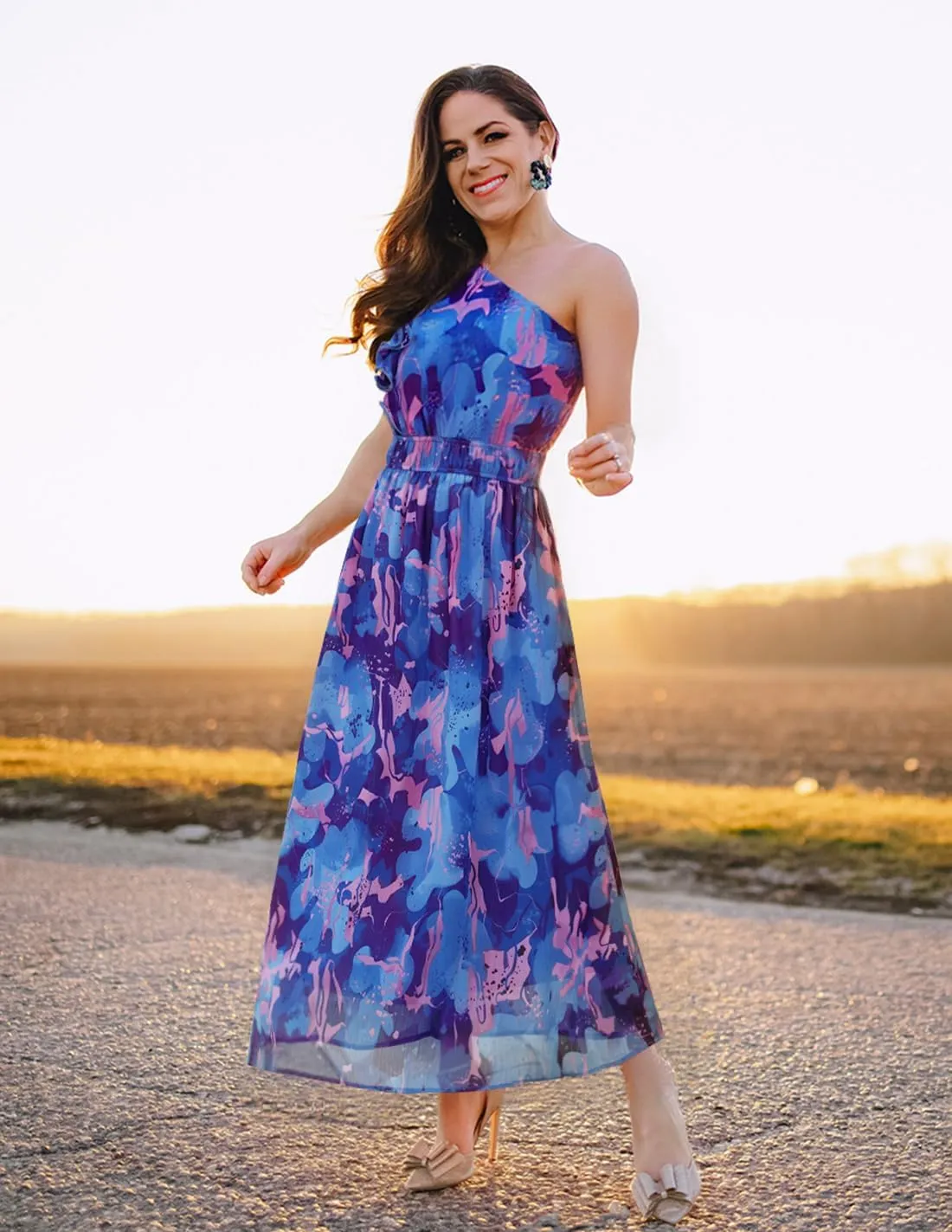 ZESICA Women's 2025 Boho Floral Sleeveless Maxi Dress Ruffle One Shoulder Elatsic High Waist Beach Party Long Dresses