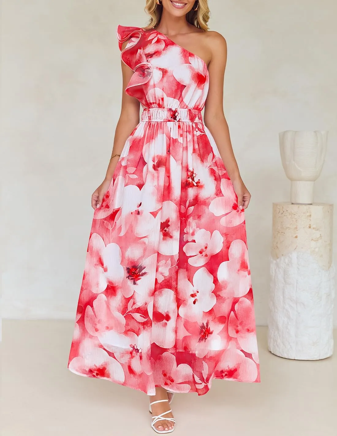 ZESICA Women's 2025 Boho Floral Sleeveless Maxi Dress Ruffle One Shoulder Elatsic High Waist Beach Party Long Dresses