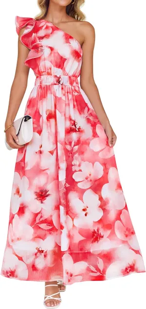 ZESICA Women's 2025 Boho Floral Sleeveless Maxi Dress Ruffle One Shoulder Elatsic High Waist Beach Party Long Dresses