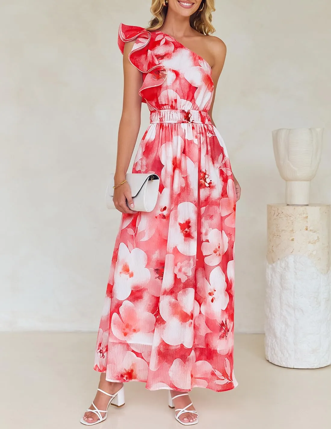 ZESICA Women's 2025 Boho Floral Sleeveless Maxi Dress Ruffle One Shoulder Elatsic High Waist Beach Party Long Dresses