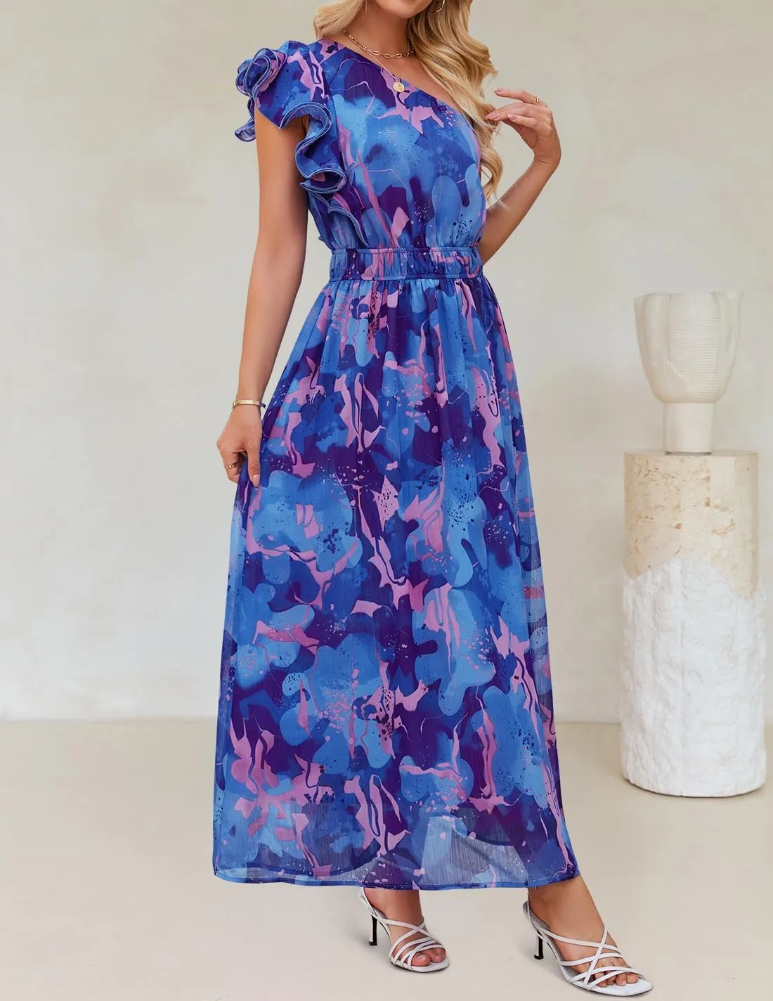 ZESICA Women's 2025 Boho Floral Sleeveless Maxi Dress Ruffle One Shoulder Elatsic High Waist Beach Party Long Dresses