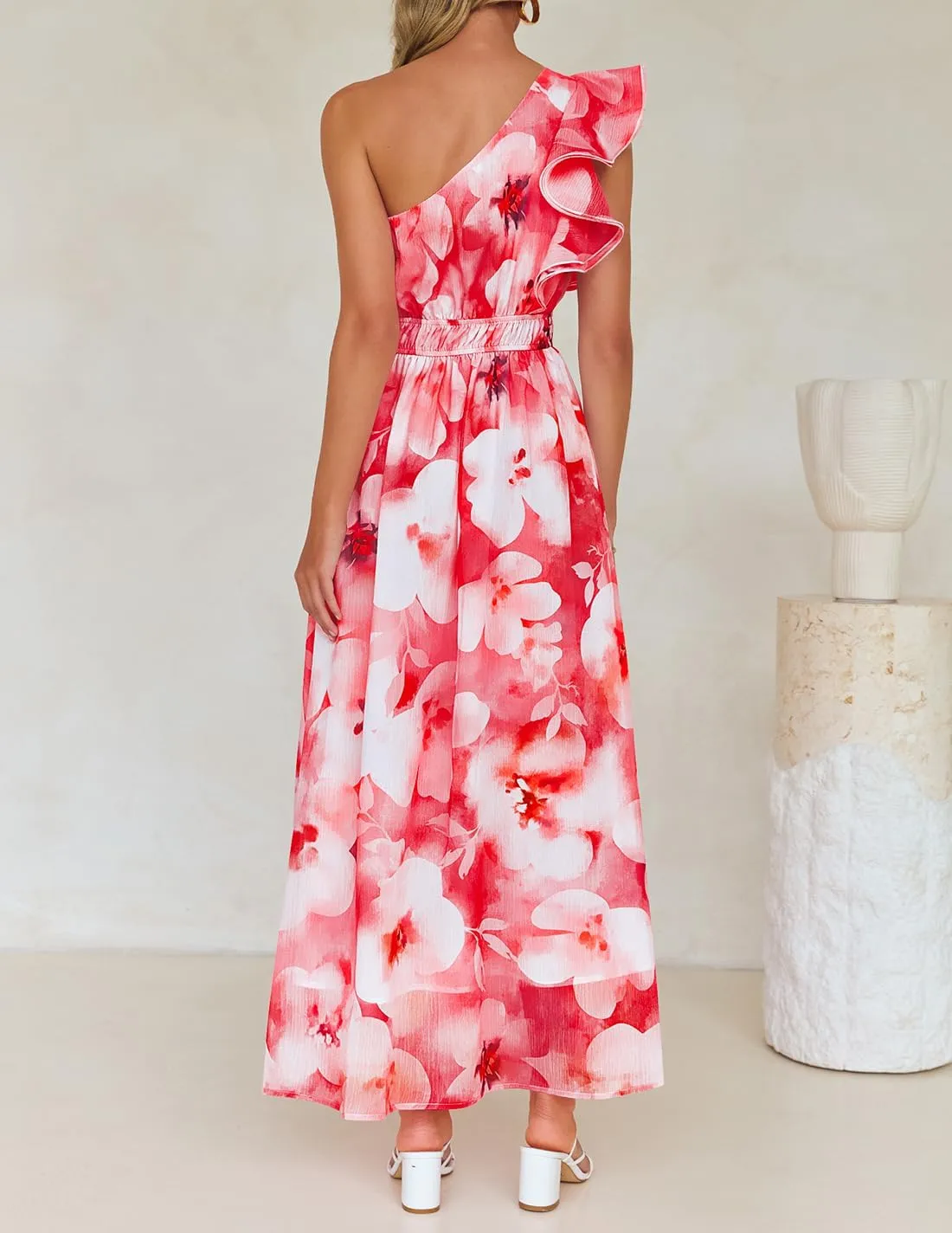 ZESICA Women's 2025 Boho Floral Sleeveless Maxi Dress Ruffle One Shoulder Elatsic High Waist Beach Party Long Dresses