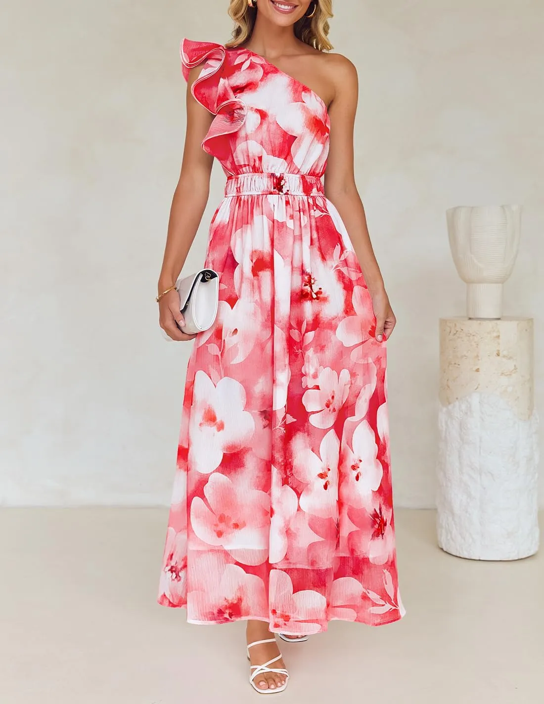 ZESICA Women's 2025 Boho Floral Sleeveless Maxi Dress Ruffle One Shoulder Elatsic High Waist Beach Party Long Dresses