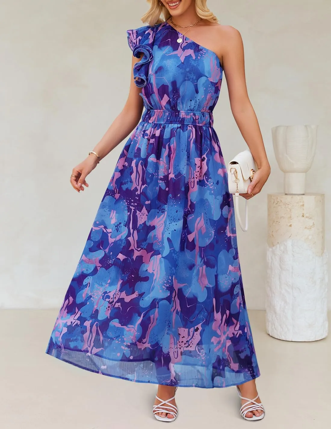 ZESICA Women's 2025 Boho Floral Sleeveless Maxi Dress Ruffle One Shoulder Elatsic High Waist Beach Party Long Dresses