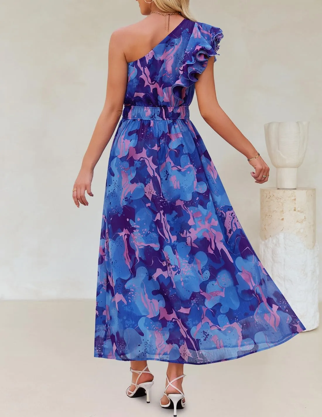 ZESICA Women's 2025 Boho Floral Sleeveless Maxi Dress Ruffle One Shoulder Elatsic High Waist Beach Party Long Dresses