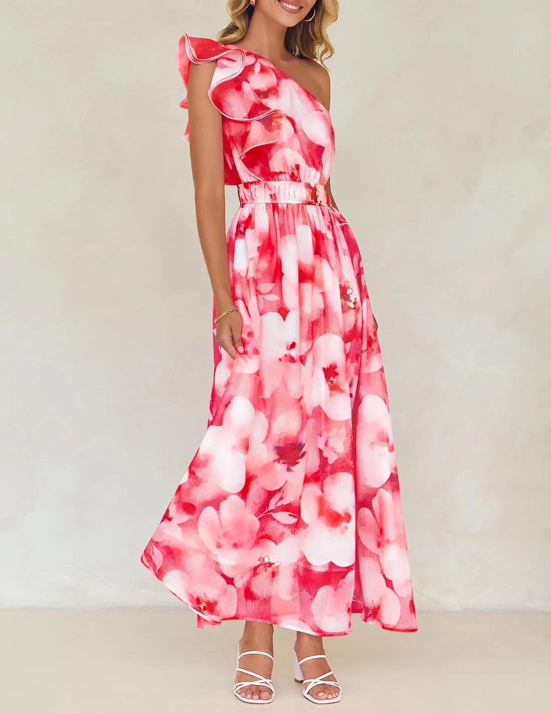 ZESICA Women's 2025 Boho Floral Sleeveless Maxi Dress Ruffle One Shoulder Elatsic High Waist Beach Party Long Dresses