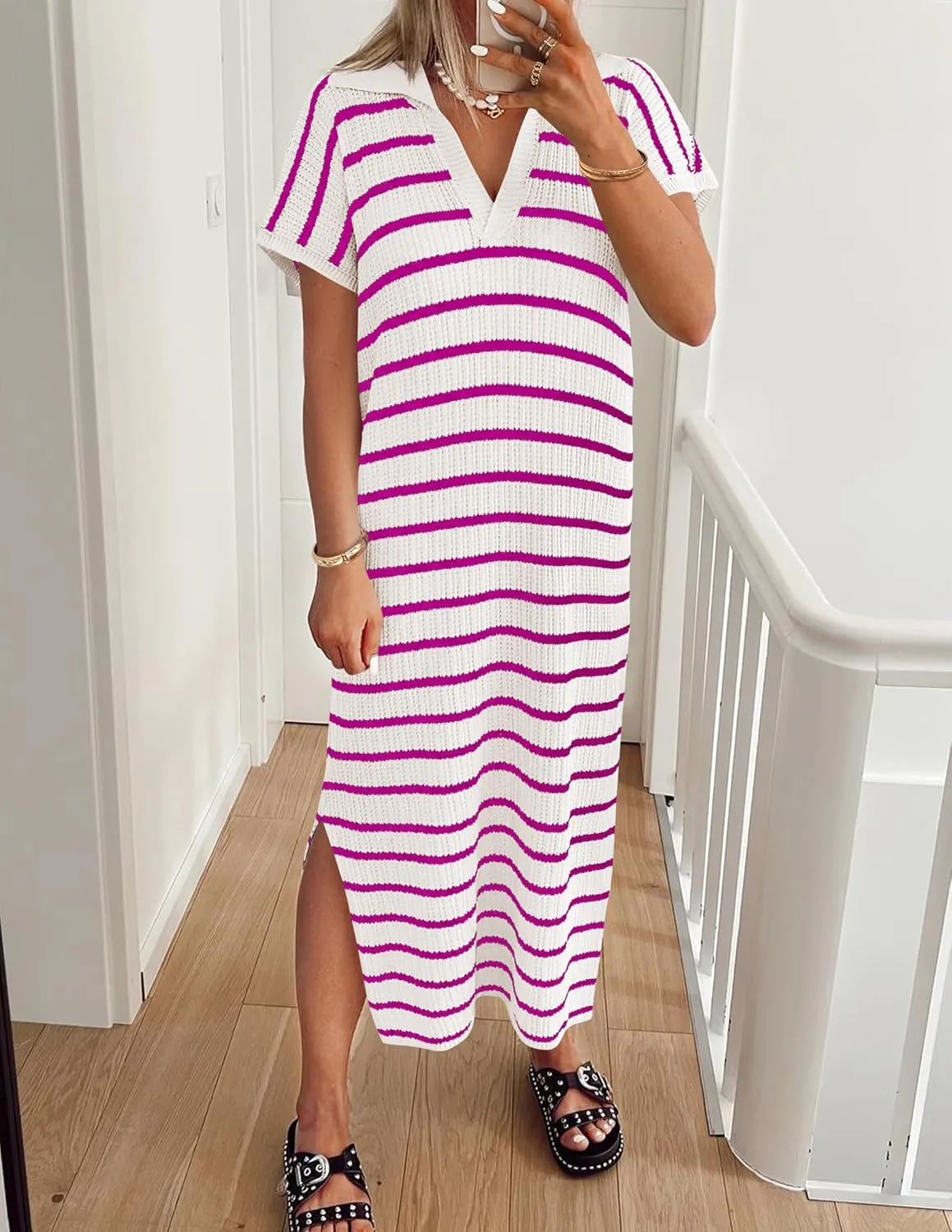 ZESICA Women's Summer Striped Midi Dress 2025 Casual Short Sleeve V Neck Loose Knitted Side Slit Long Sweater Dresses